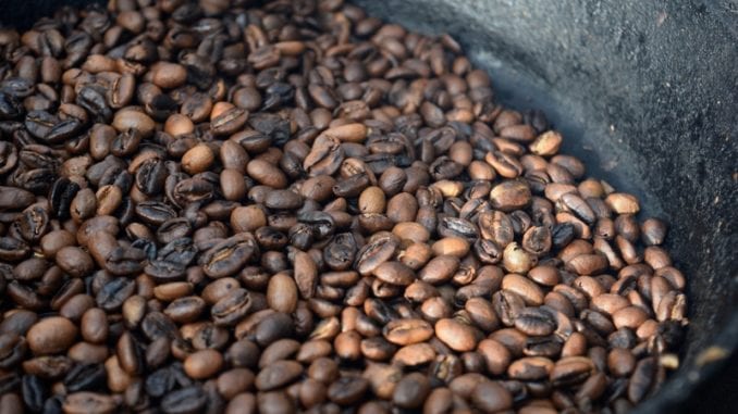 Second crack coffee beans from roasting at home in skillet
